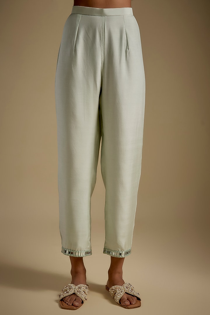 Mint Chanderi & Muslin Mirror Embroidered Kurta Set by ASAGA at Pernia's Pop Up Shop