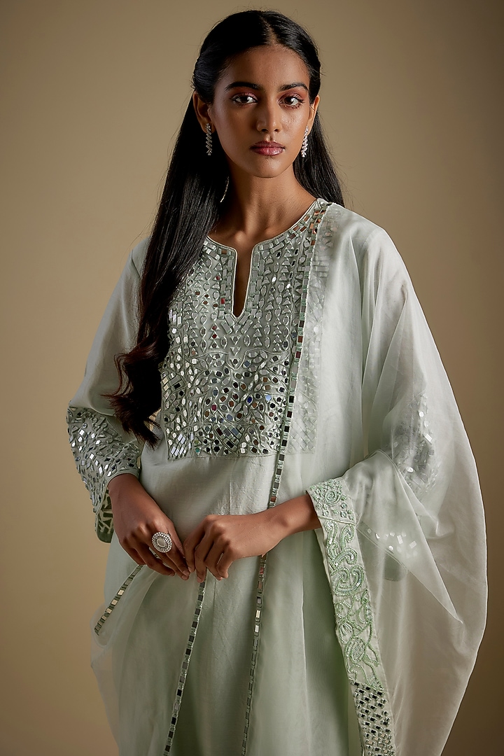 Mint Chanderi & Muslin Mirror Embroidered Kurta Set by ASAGA at Pernia's Pop Up Shop