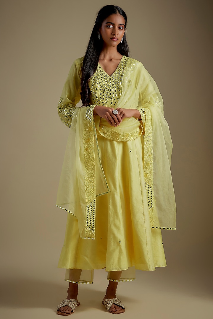 Yellow Chanderi & Muslin Mirror Embroidered Anarkali Set by ASAGA at Pernia's Pop Up Shop