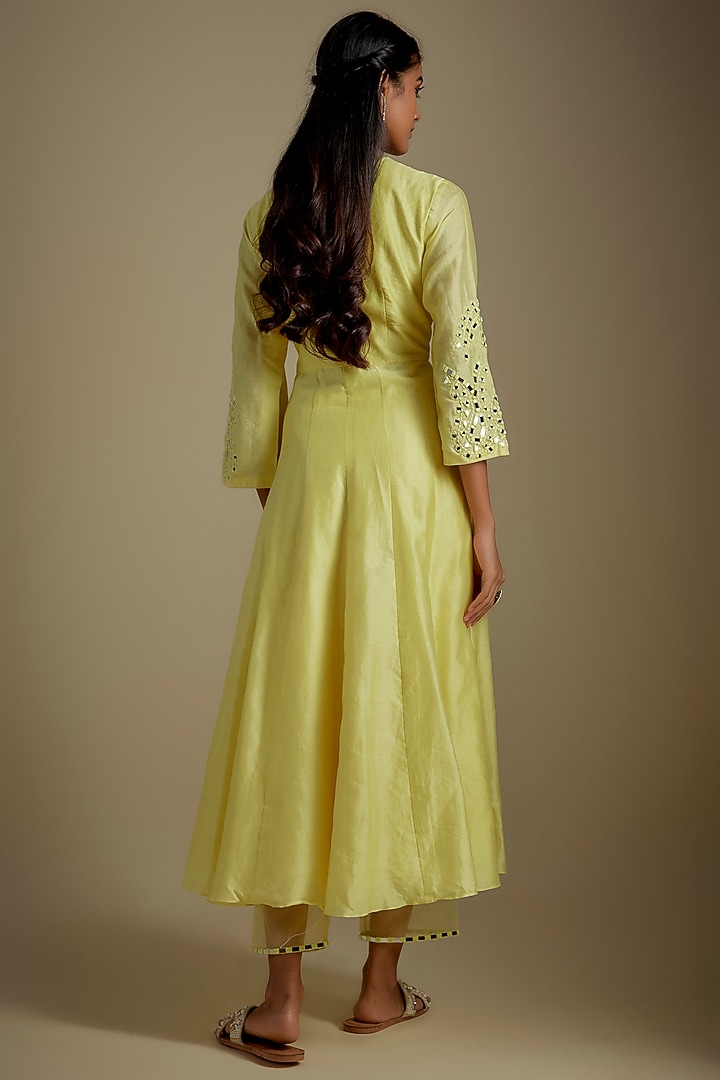 Yellow Chanderi & Muslin Mirror Embroidered Party Wear Anarkali Set by ASAGA at Pernia's Pop Up Shop
