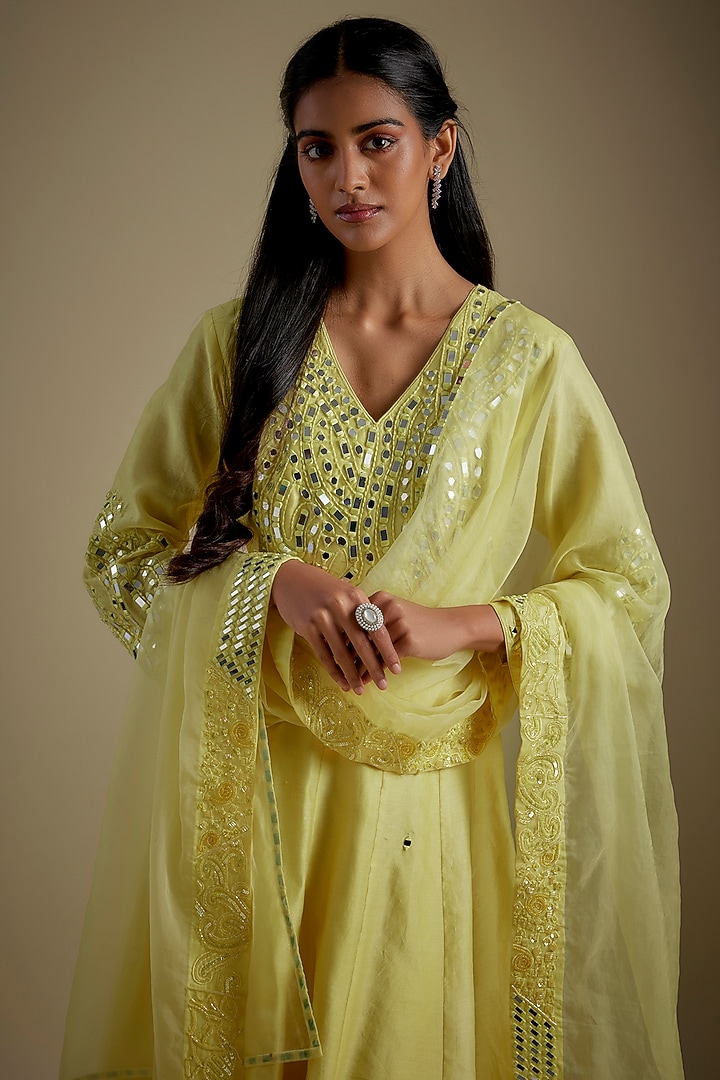 Yellow Chanderi & Muslin Mirror Embroidered Party Wear Anarkali Set by ASAGA at Pernia's Pop Up Shop