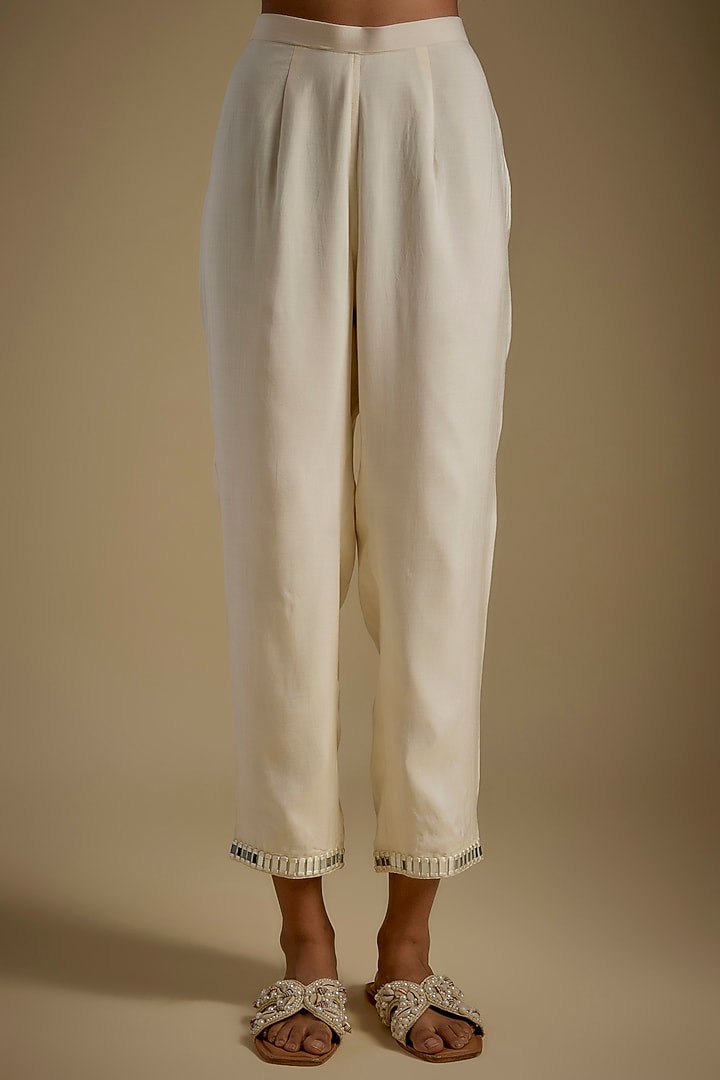 Ivory Chanderi & Muslin Mirror Embroidered Party Wear Anarkali Set by ASAGA at Pernia's Pop Up Shop