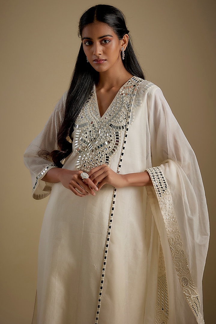 Ivory Chanderi & Muslin Mirror Embroidered Party Wear Anarkali Set by ASAGA at Pernia's Pop Up Shop