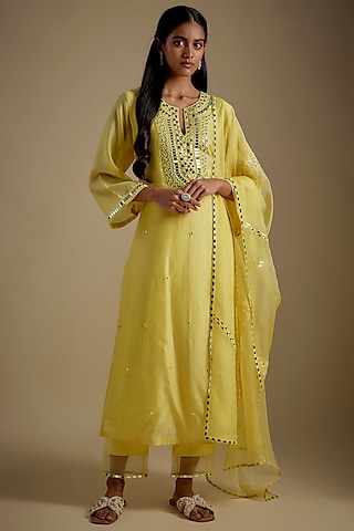 Baby Yellow Chanderi & Muslin Mirror Embroidered Anarkali Set by ASAGA