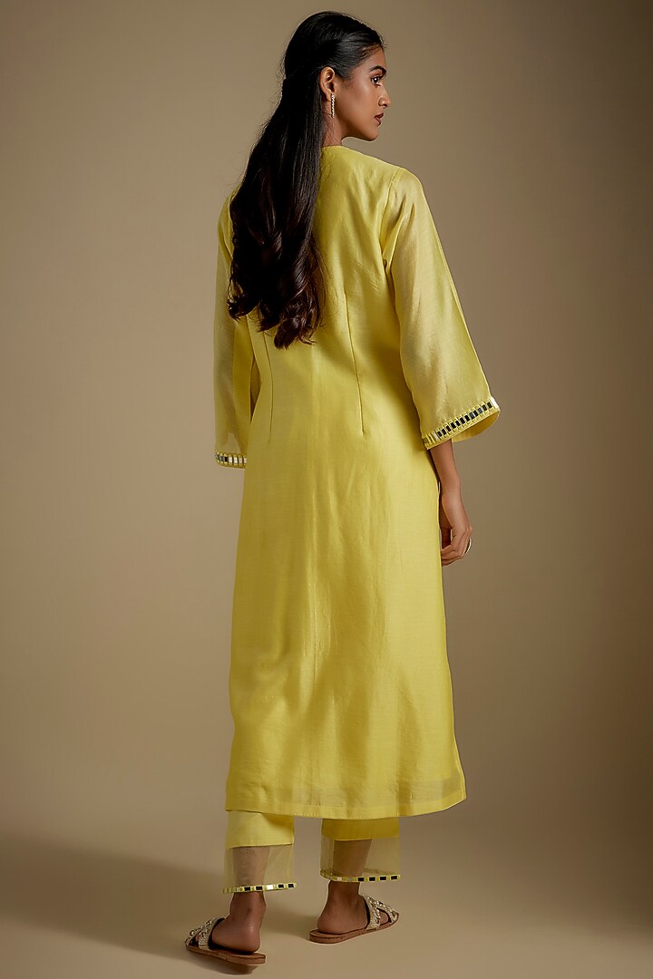 Baby Yellow Chanderi & Muslin Mirror Embroidered Party Wear Anarkali Set by ASAGA at Pernia's Pop Up Shop