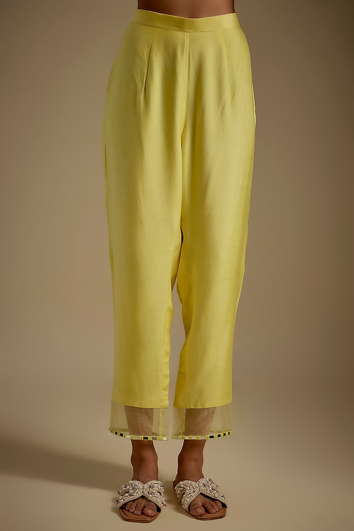 Baby Yellow Chanderi & Muslin Mirror Embroidered Party Wear Anarkali Set by ASAGA at Pernia's Pop Up Shop
