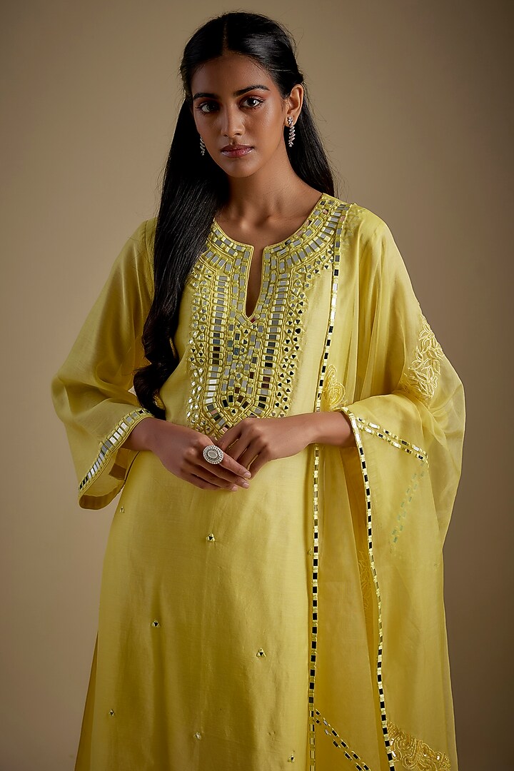 Baby Yellow Chanderi & Muslin Mirror Embroidered Party Wear Anarkali Set by ASAGA at Pernia's Pop Up Shop