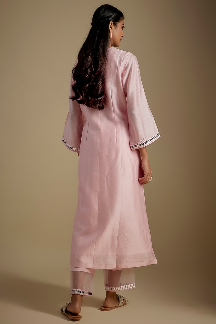 Baby Pink Chanderi & Muslin Mirror Embroidered Party Wear Anarkali Set by ASAGA at Pernia's Pop Up Shop