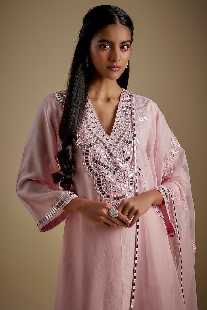 Baby Pink Chanderi & Muslin Mirror Embroidered Party Wear Anarkali Set by ASAGA at Pernia's Pop Up Shop