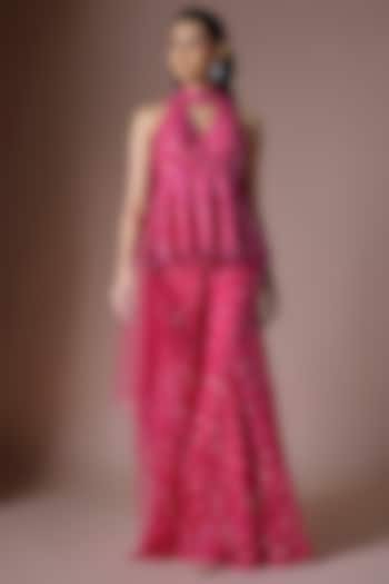 Fuchsia Tulle Embroidered Bridal Sharara Set by ASAGA at Pernia's Pop Up Shop