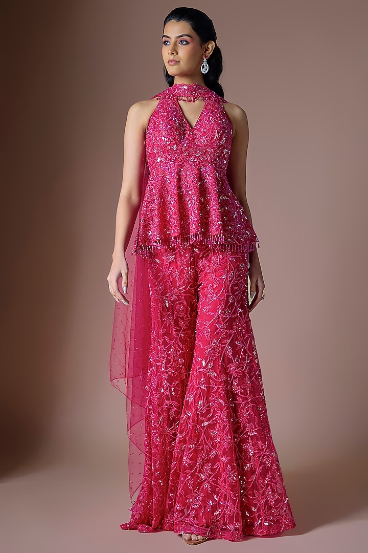 Fuchsia Tulle Embroidered Bridal Sharara Set by ASAGA at Pernia's Pop Up Shop