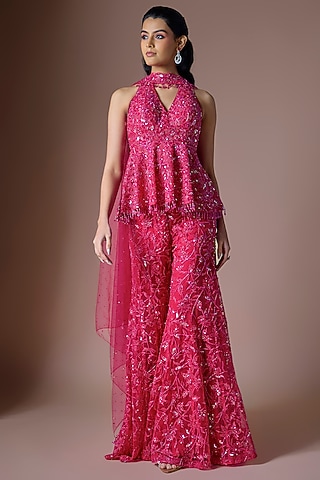 Fuchsia Tulle Embroidered Sharara Set by ASAGA