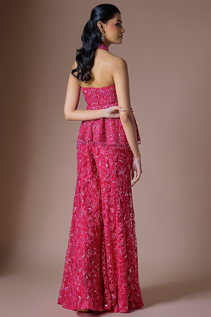 Fuchsia Tulle Embroidered Bridal Sharara Set by ASAGA at Pernia's Pop Up Shop