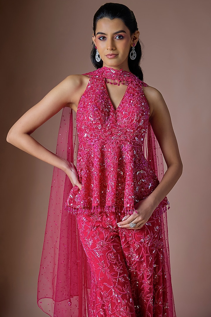 Fuchsia Tulle Embroidered Bridal Sharara Set by ASAGA at Pernia's Pop Up Shop