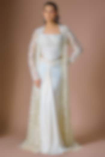 Ivory Satin Organza Draped Skirt Set by ASAGA at Pernia's Pop Up Shop