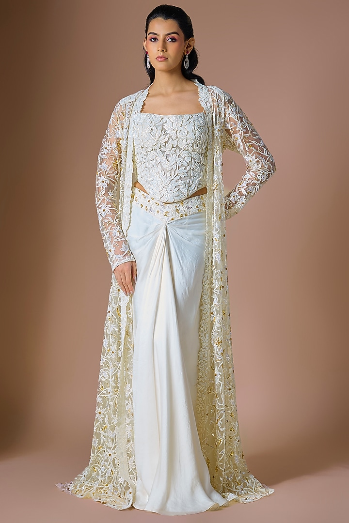Ivory Satin Organza Draped Skirt Set by ASAGA at Pernia's Pop Up Shop