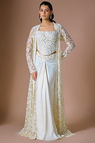 Ivory Satin Organza Draped Skirt Set by ASAGA
