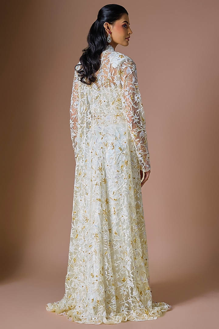 Ivory Satin Organza Draped Skirt Set by ASAGA at Pernia's Pop Up Shop