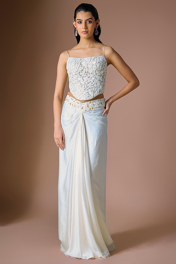 Ivory Satin Organza Draped Skirt Set by ASAGA at Pernia's Pop Up Shop