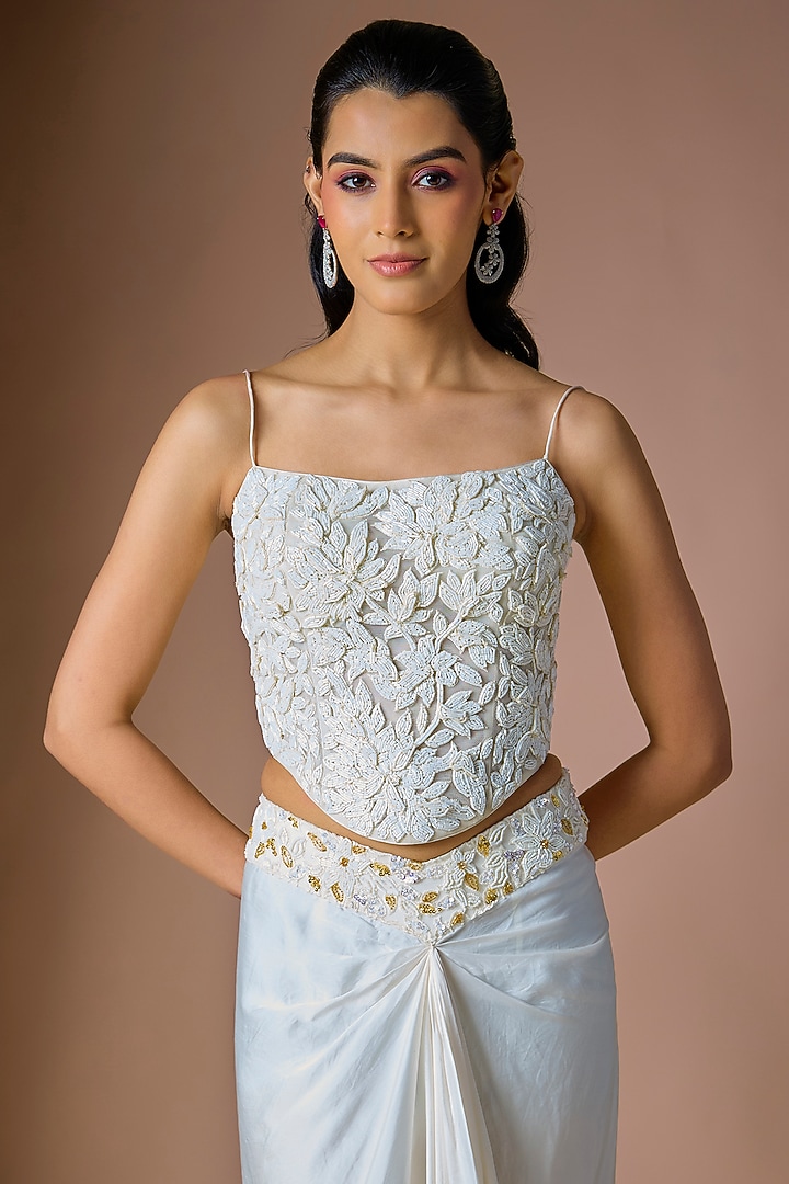 Ivory Satin Organza Draped Skirt Set by ASAGA at Pernia's Pop Up Shop