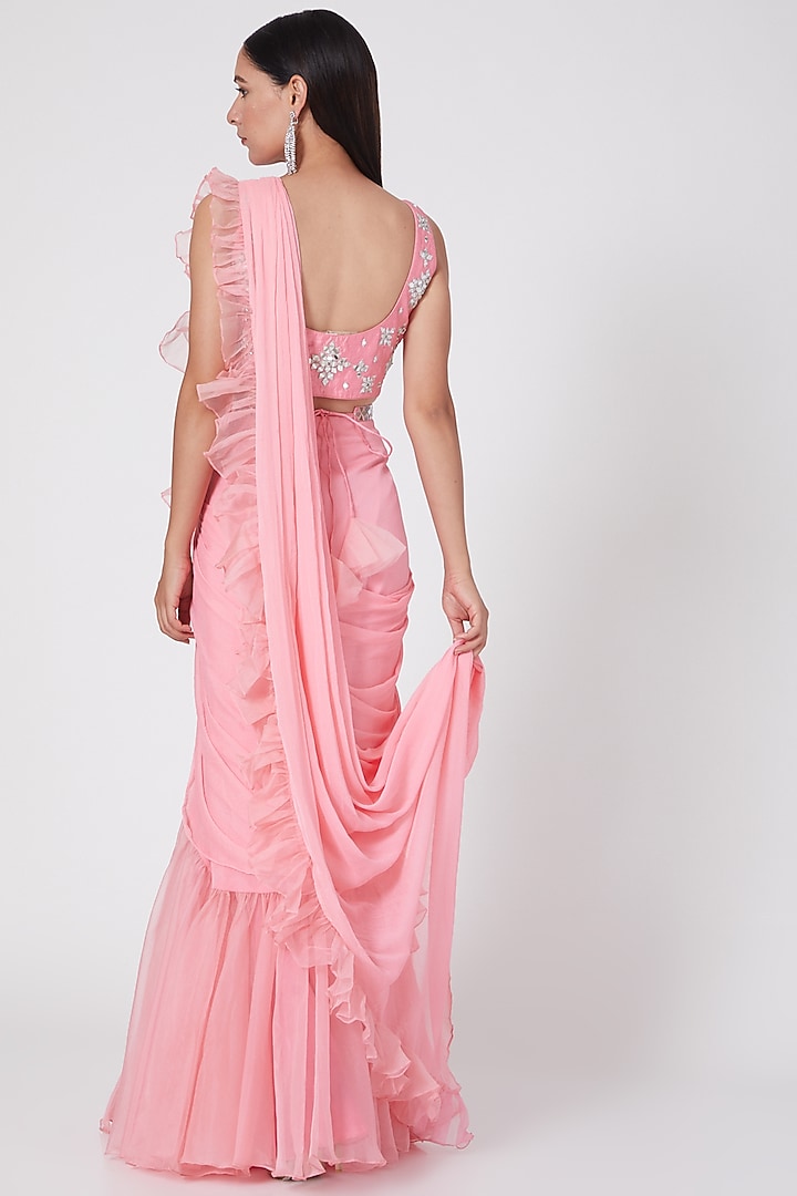 Candy Pink Embroidered Pre-Draped Skirt Wedding Saree Set by ASAGA at Pernia's Pop Up Shop