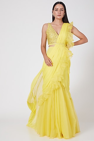 Lemon Embroidered Pre-Draped Skirt Saree Set by ASAGA