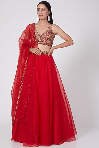 Red Embroidered Lehenga Set by ASAGA