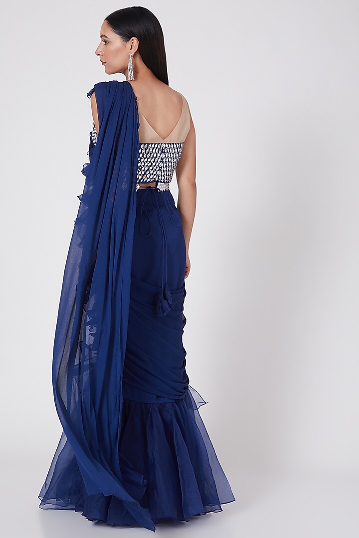 Navy Blue Silk & Organza Frilled Skirt Wedding Saree Set by ASAGA at Pernia's Pop Up Shop