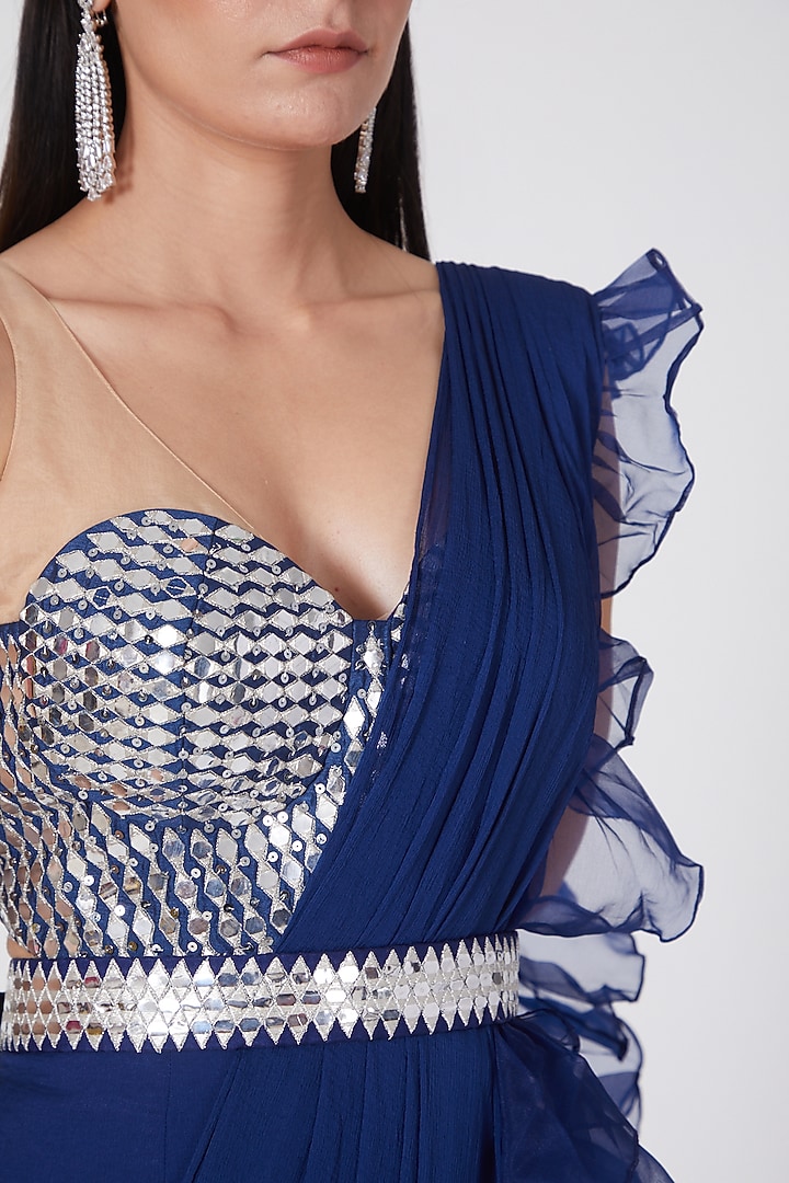 Navy Blue Silk & Organza Frilled Skirt Wedding Saree Set by ASAGA at Pernia's Pop Up Shop