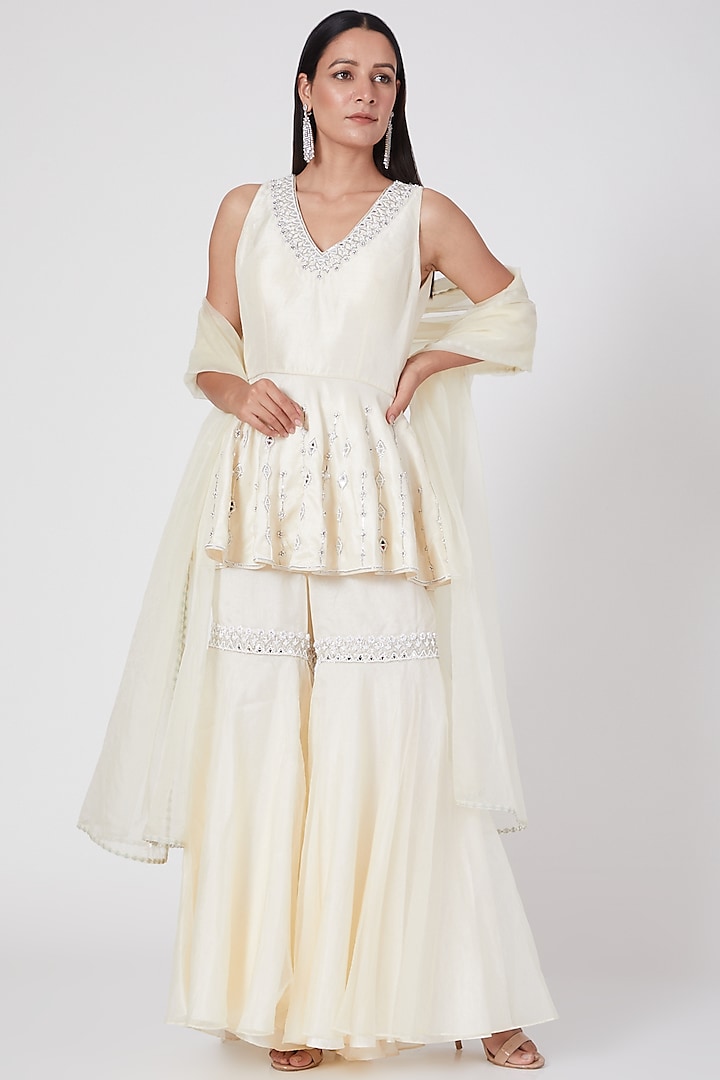 Ivory Embroidered Sharara Set by ASAGA at Pernia's Pop Up Shop