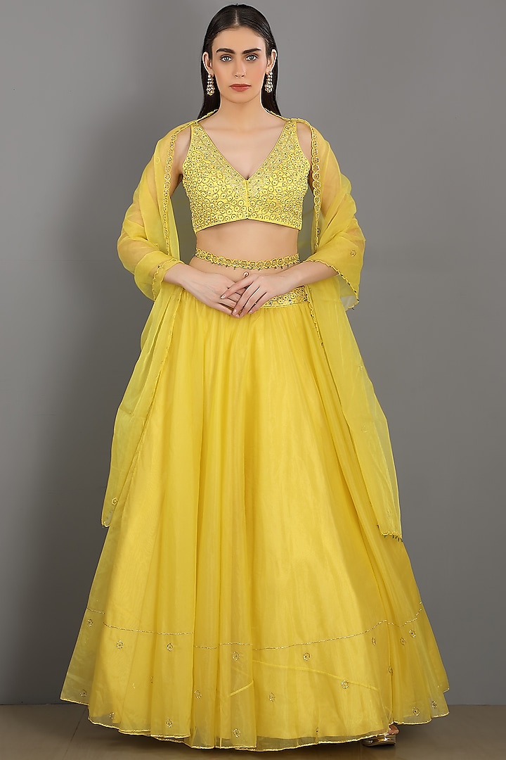 Lemon Organza Wedding Lehenga Set by ASAGA at Pernia's Pop Up Shop