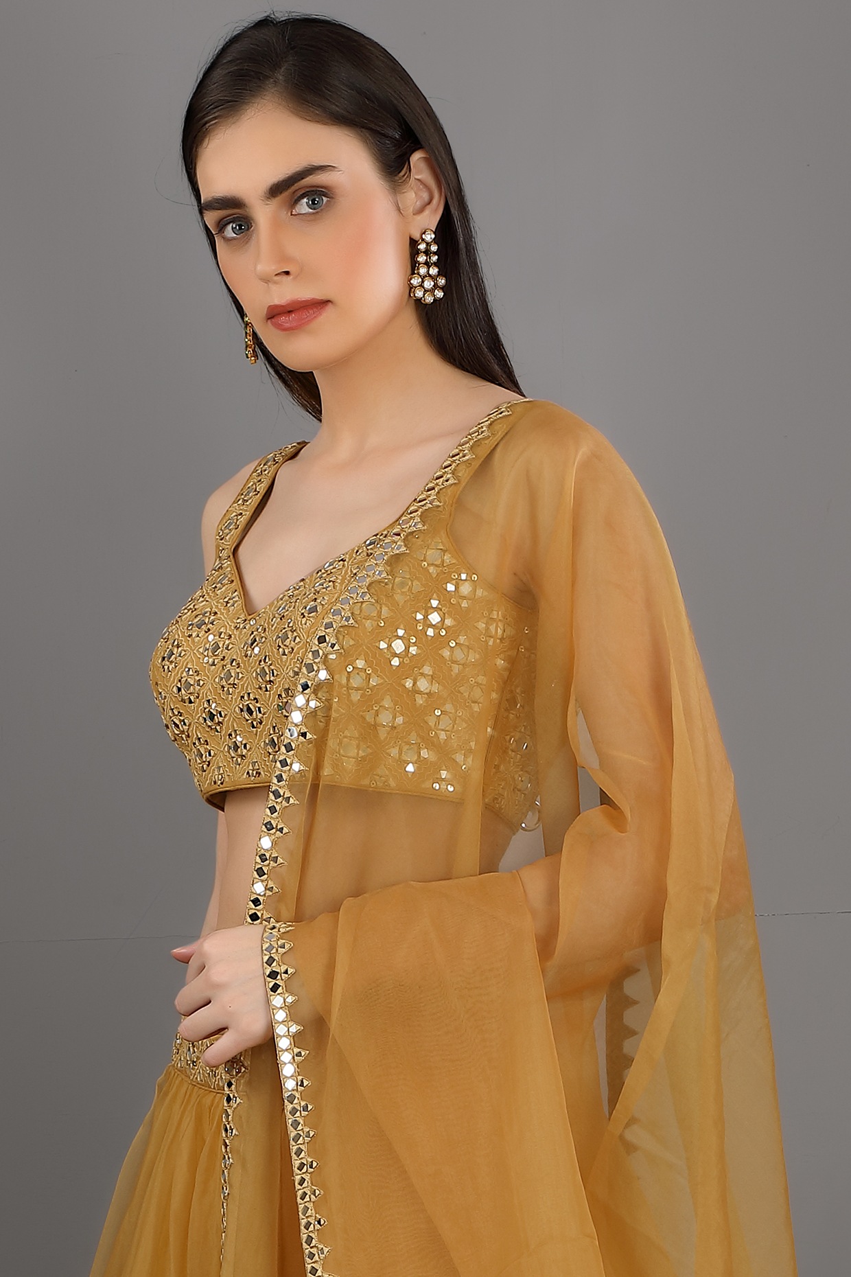 Reynu Taandon Sequin Embellished Lehenga Set | Gold, Sleeveless | Simple  lehenga, Gold blouse designs, Indian fashion dresses