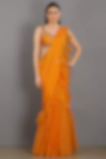 Orange Organza Pre-Draped Saree Set by ASAGA at Pernia's Pop Up Shop