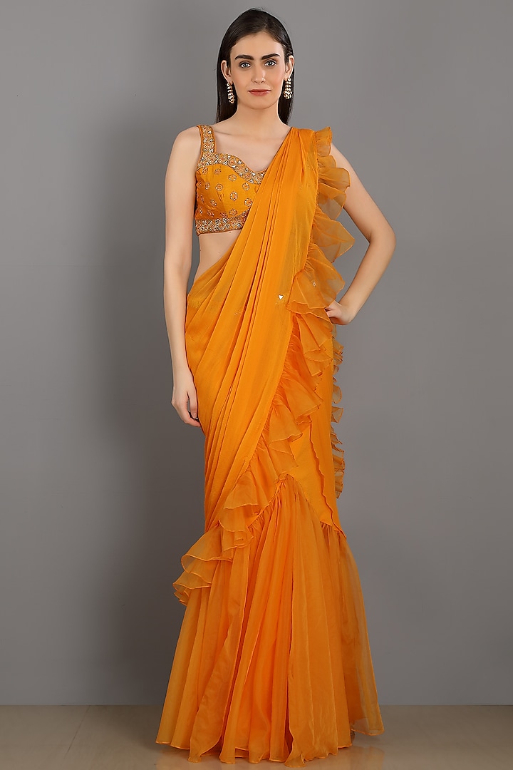 Orange Organza Pre-Draped Saree Set by ASAGA