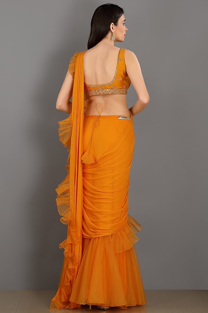 Orange Organza Pre-Draped Wedding Saree Set by ASAGA at Pernia's Pop Up Shop