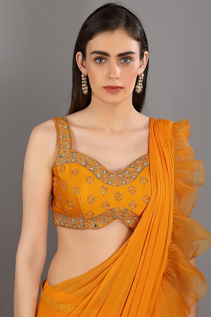 Orange Organza Pre-Draped Wedding Saree Set by ASAGA at Pernia's Pop Up Shop