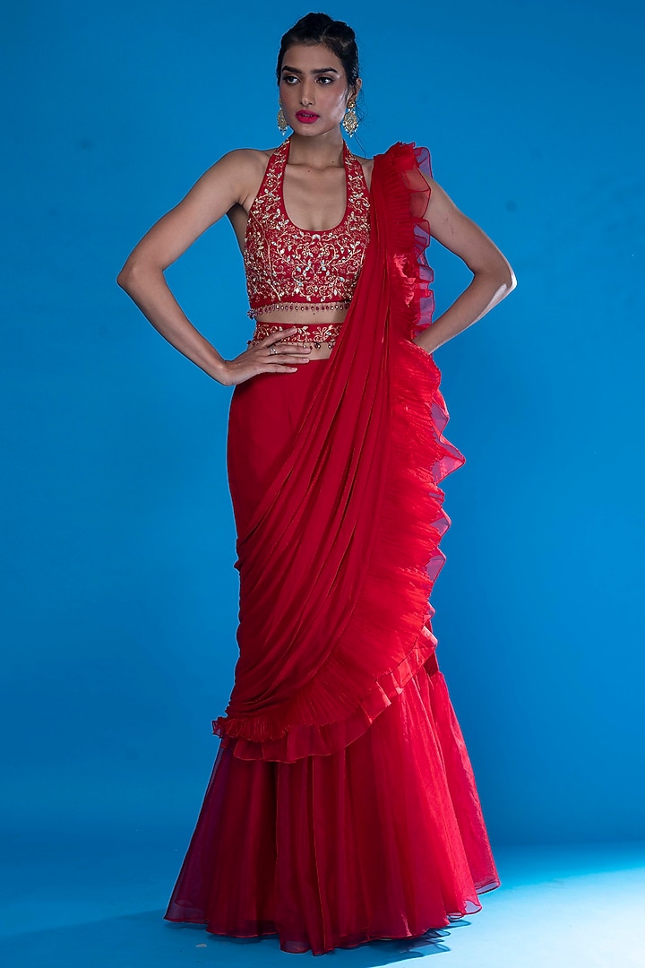 Red Chiffon Pre-Draped Wedding Saree Set by ASAGA at Pernia's Pop Up Shop