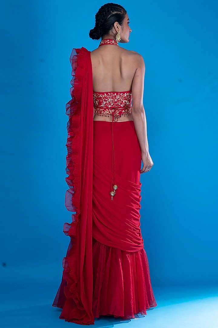 Red Chiffon Pre-Draped Wedding Saree Set by ASAGA at Pernia's Pop Up Shop
