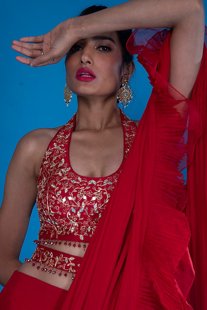 Red Chiffon Pre-Draped Wedding Saree Set by ASAGA at Pernia's Pop Up Shop