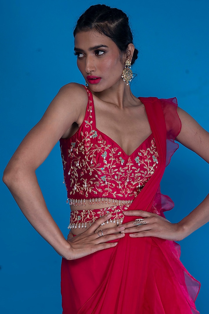 Rani Chiffon & Organza Pre-Draped Wedding Saree Set by ASAGA at Pernia's Pop Up Shop