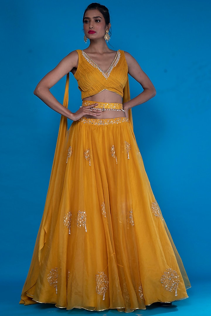 Mustard Embroidered Wedding Lehenga Set by ASAGA at Pernia's Pop Up Shop