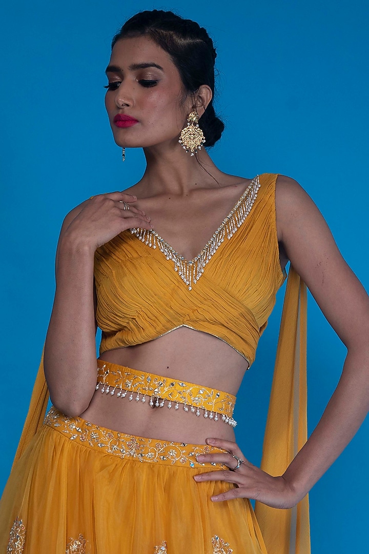 Mustard Embroidered Wedding Lehenga Set by ASAGA at Pernia's Pop Up Shop
