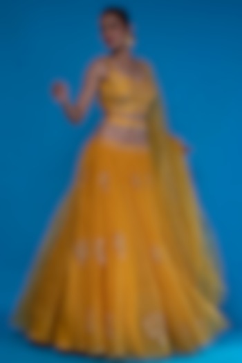 Mustard Organza Embroidered Wedding Lehenga Set by ASAGA at Pernia's Pop Up Shop