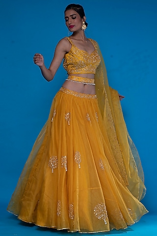Mustard Organza Embroidered Lehenga Set by ASAGA