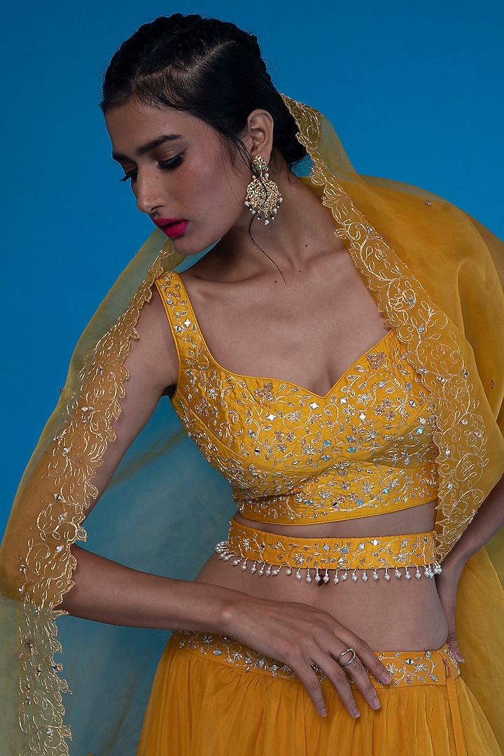 Mustard Organza Embroidered Wedding Lehenga Set by ASAGA at Pernia's Pop Up Shop