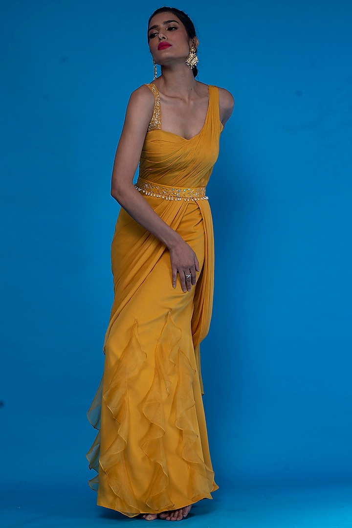 Mustard Chiffon Embroidered Draped Wedding Gown Saree by ASAGA at Pernia's Pop Up Shop