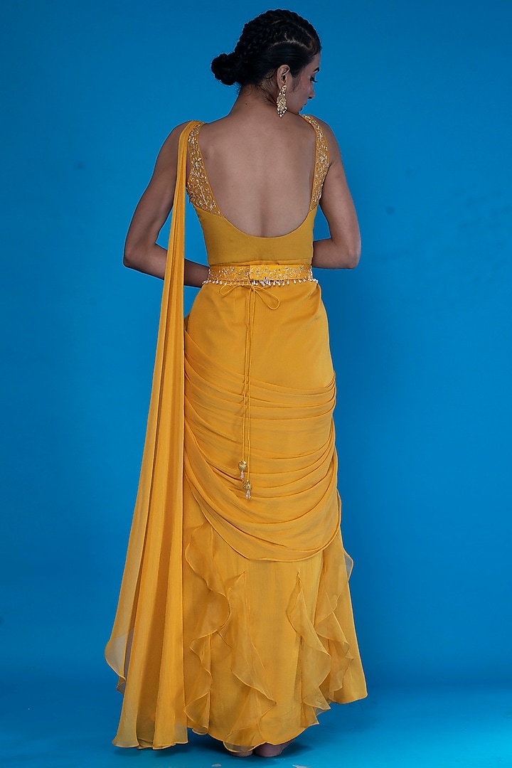 Mustard Chiffon Embroidered Draped Wedding Gown Saree by ASAGA at Pernia's Pop Up Shop