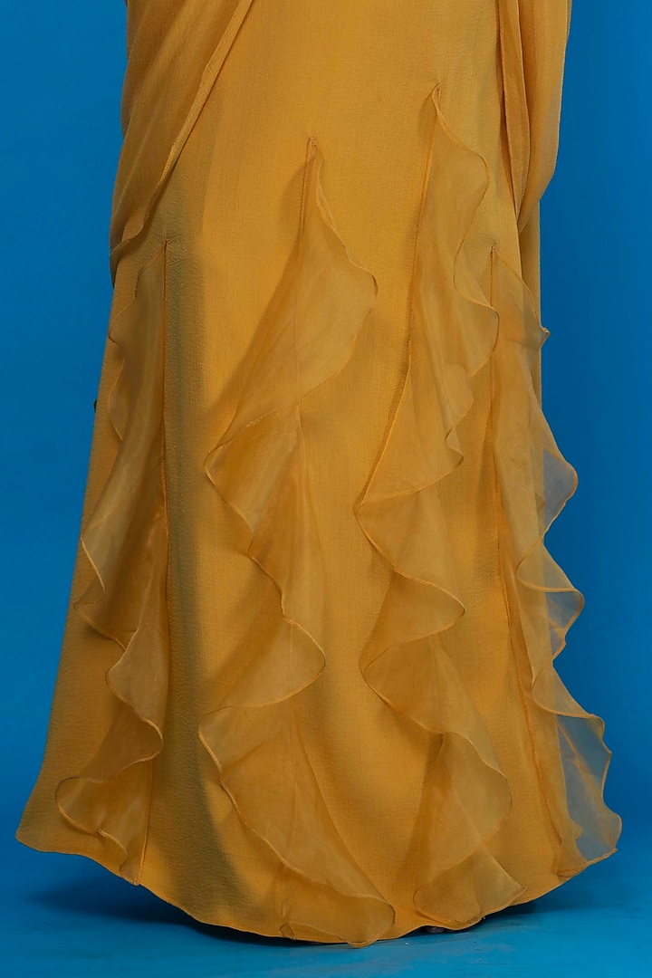 Mustard Chiffon Embroidered Draped Wedding Gown Saree by ASAGA at Pernia's Pop Up Shop