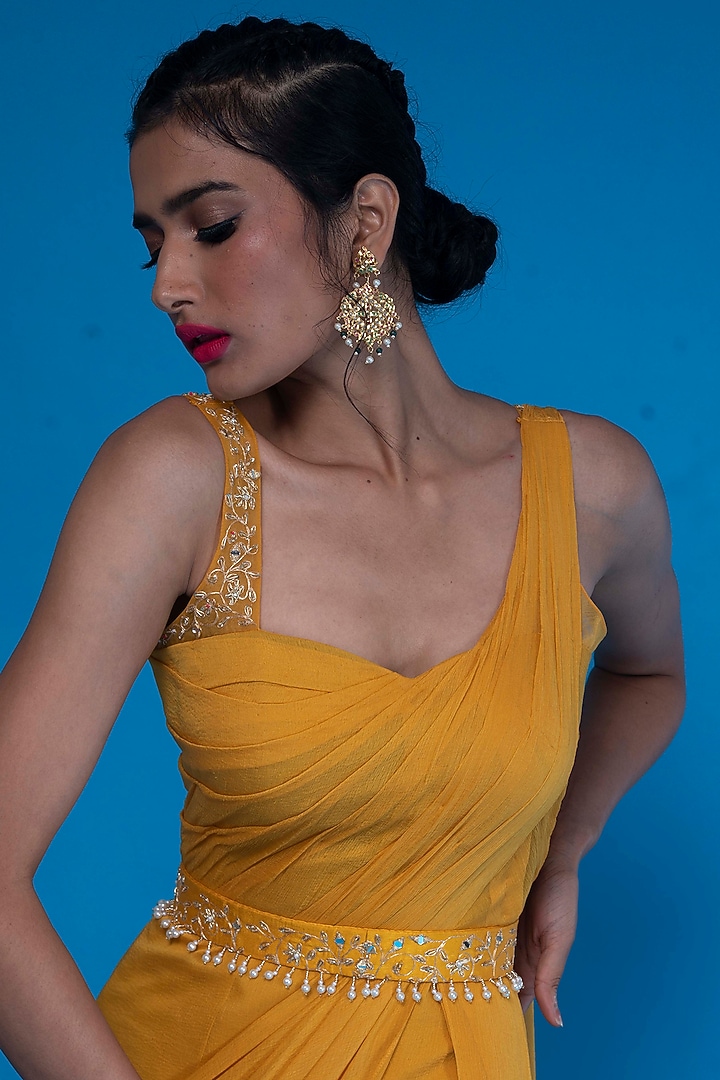 Mustard Chiffon Embroidered Draped Wedding Gown Saree by ASAGA at Pernia's Pop Up Shop