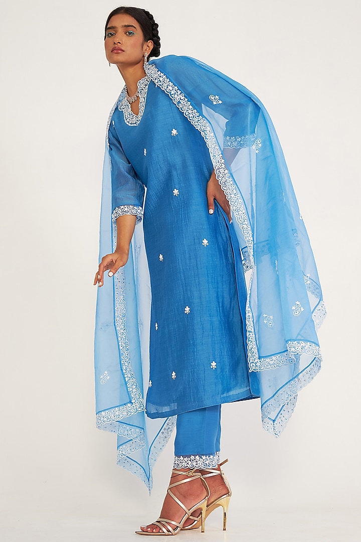 Blue Chanderi Embroidered Kurta Set by ASAGA